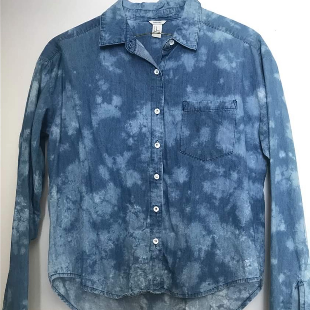 F21 Whitewash Tye Dye Denim Chambray Shirt Top M